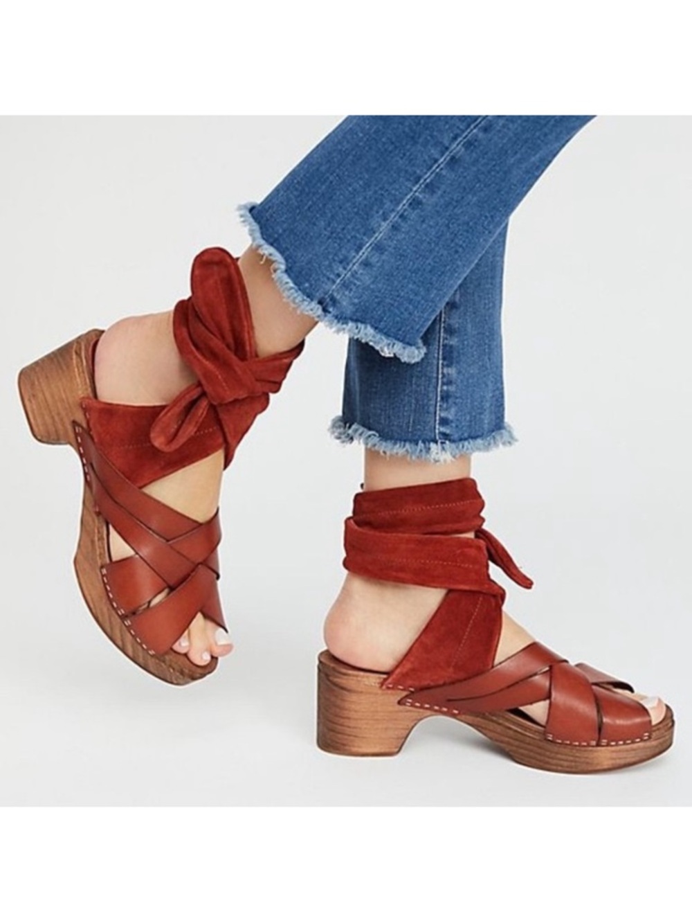 FREE PEOPLE Emmy Leather Clog Sandals Ankle Wrap Strap Summer Festival Boho